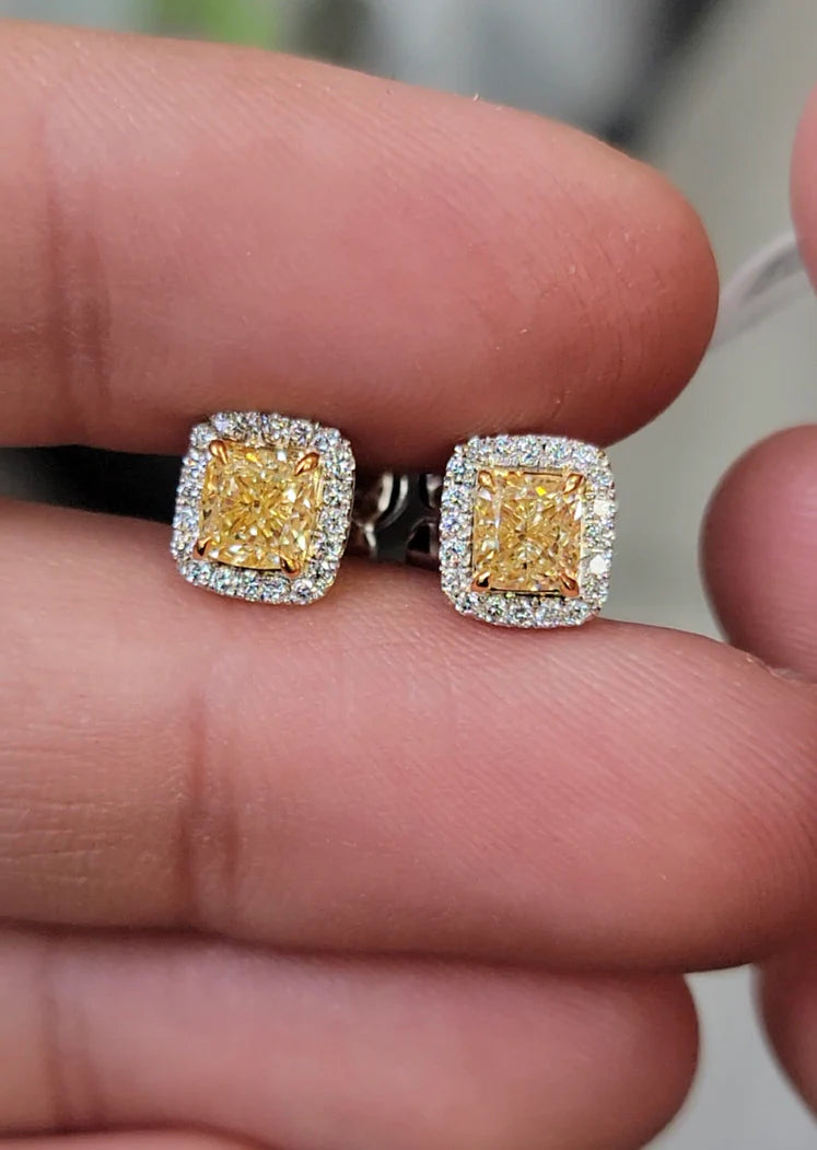 Yellow Cushion Cut Single Halo Earrings