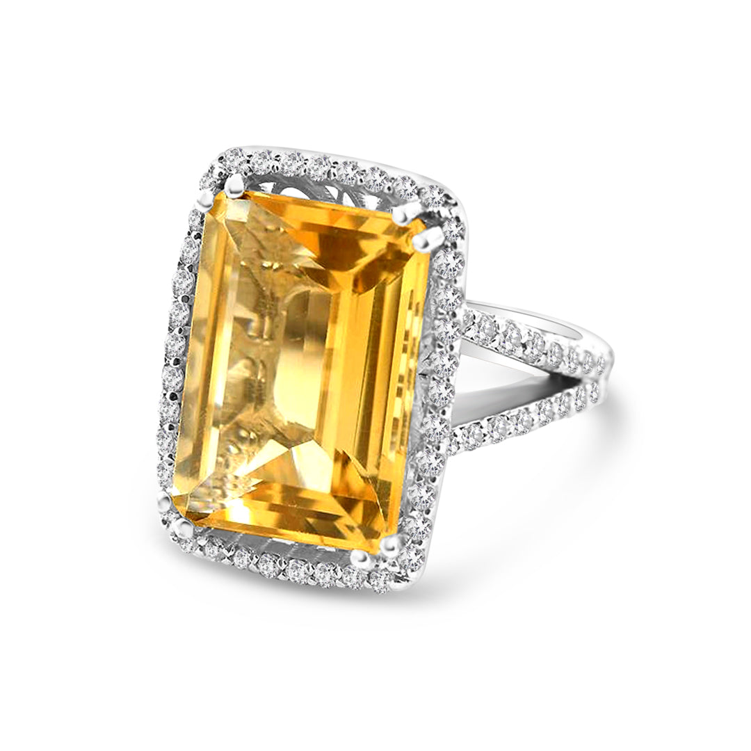 Halo Style 14k White Gold Citrine Ring With Split Shank