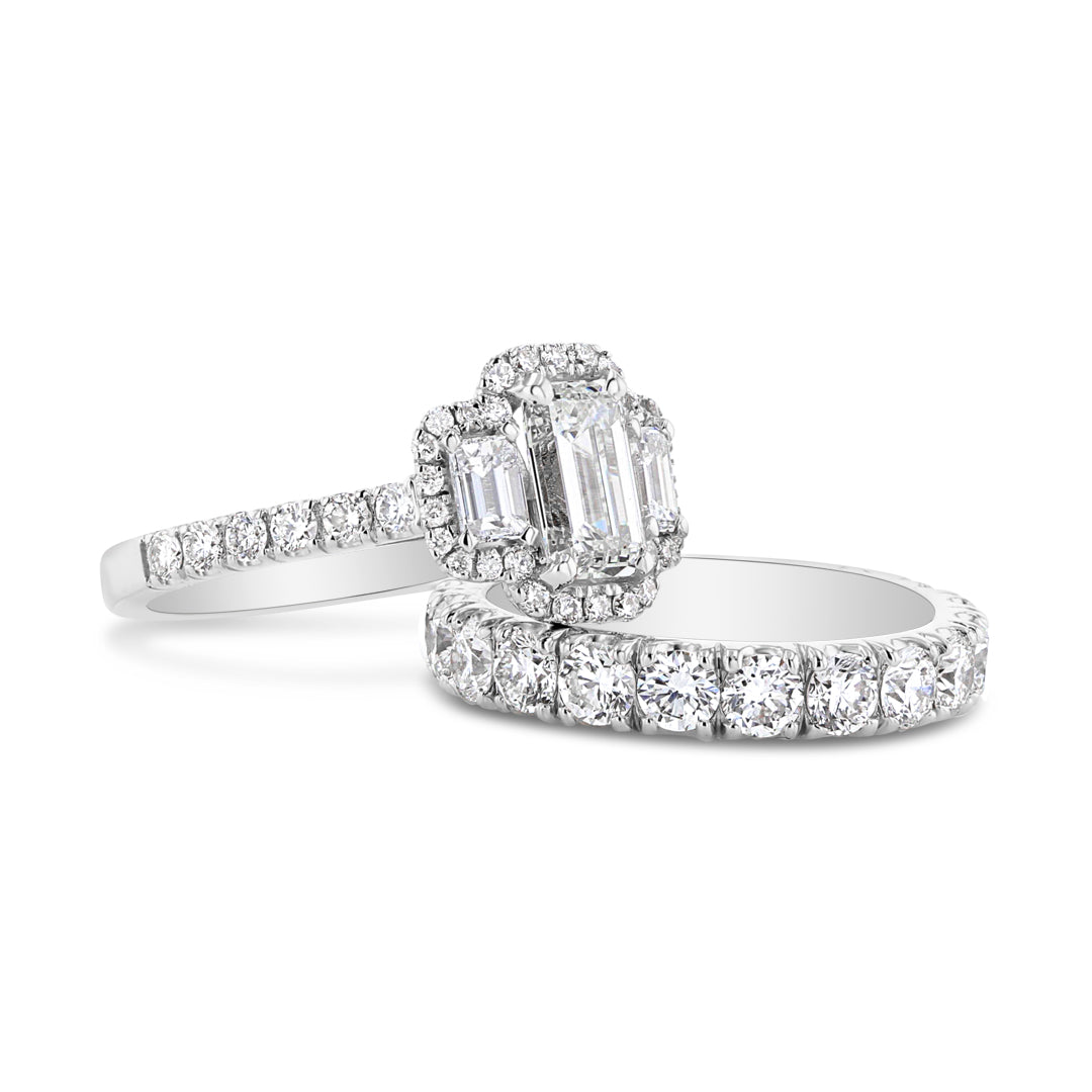 Three Stone Halo Engagement Ring with Pave Band