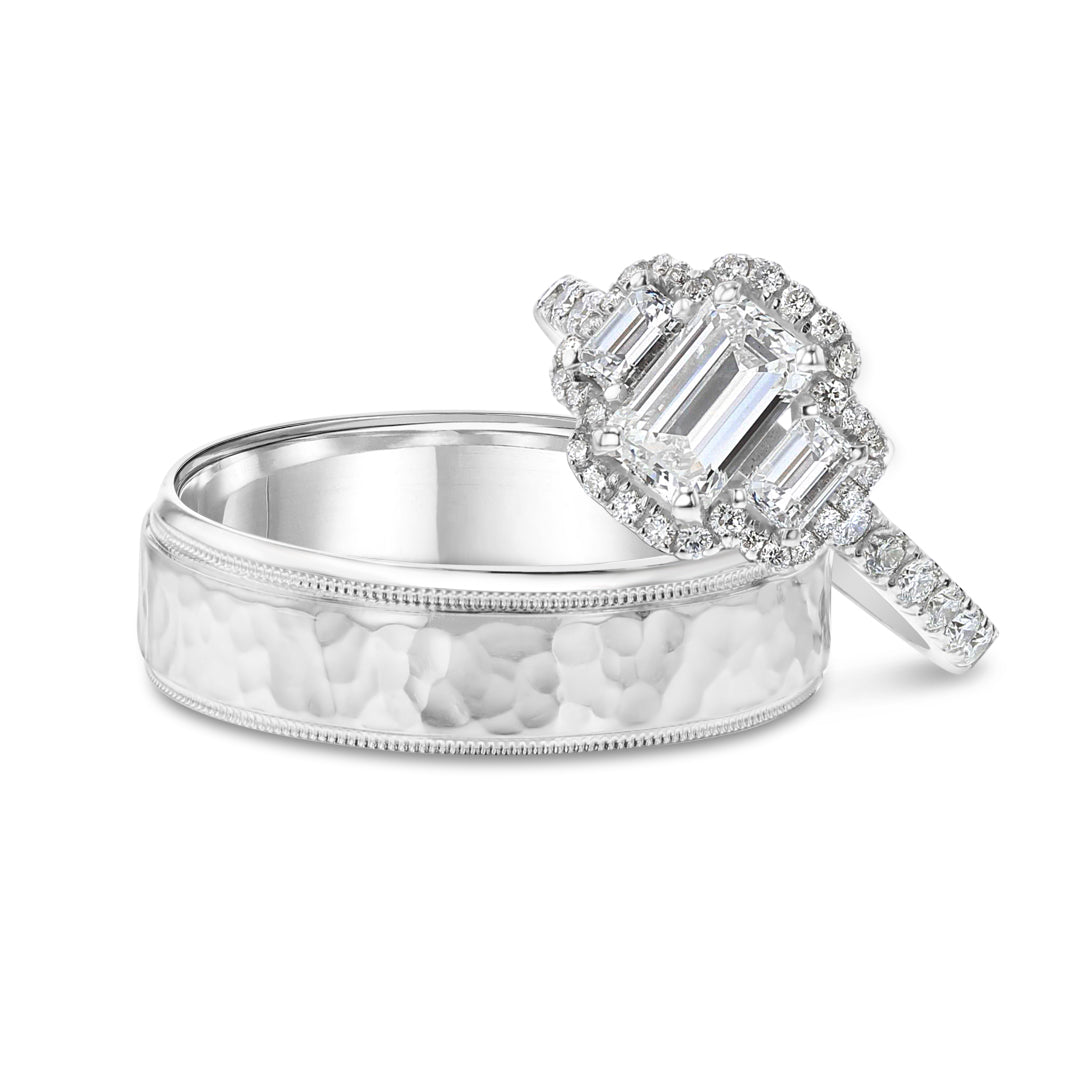 Three Stone Halo Engagement Ring with Pave Band