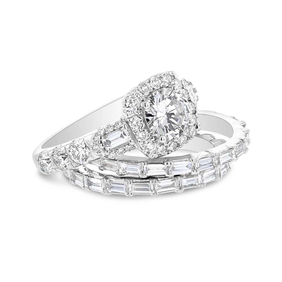 Cushion Framed Halo Three stone Ring with Pave Set Diamonds Down the Shank
