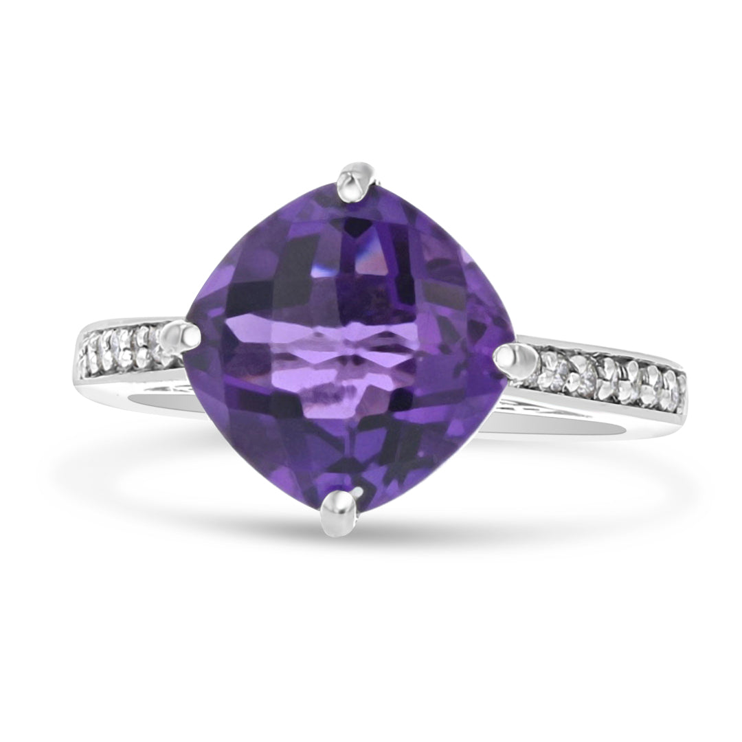 White Gold Amethyst and Diamond Ring with Filigree Details