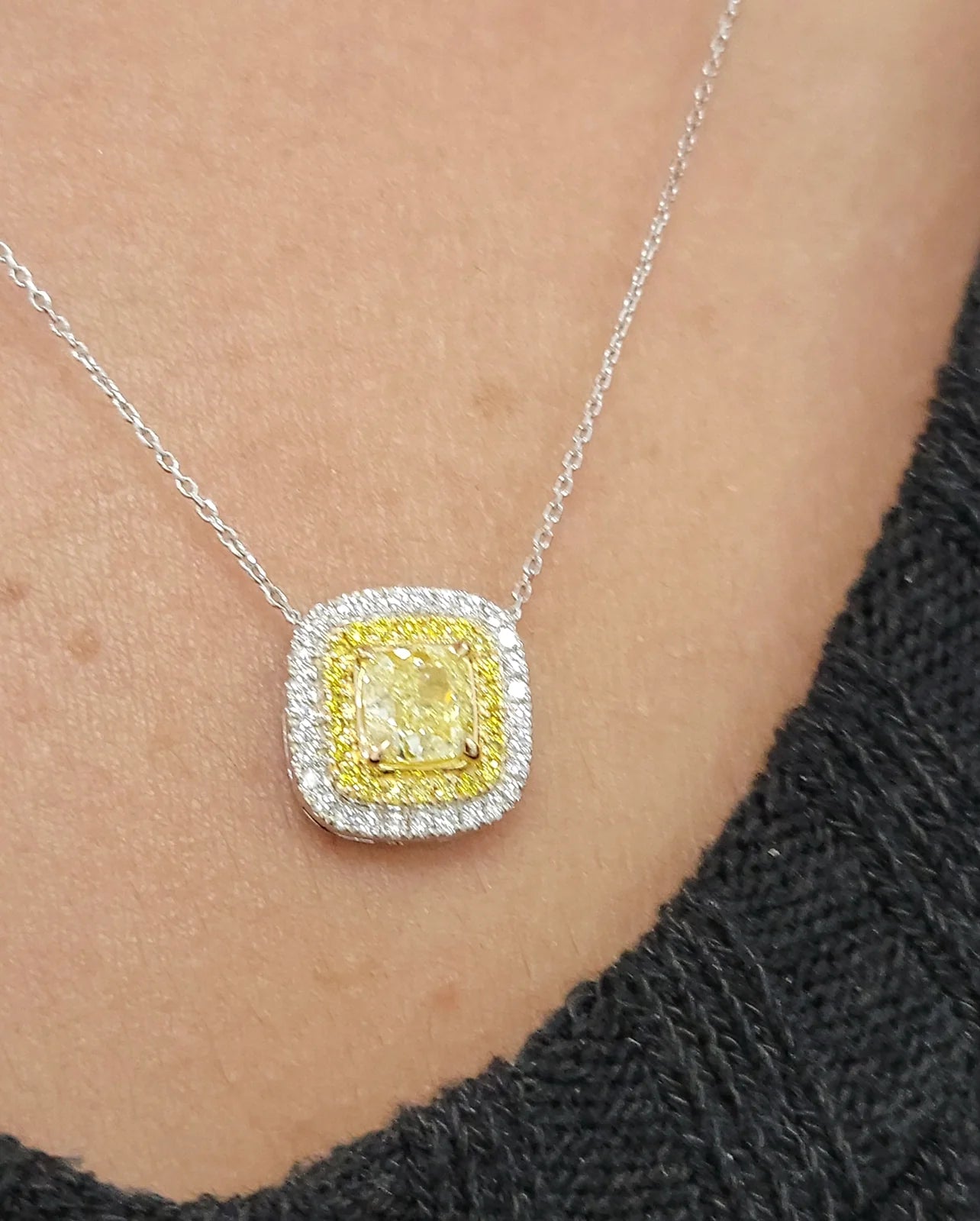 Yellow Diamond Cushion Double Halo Pendant
