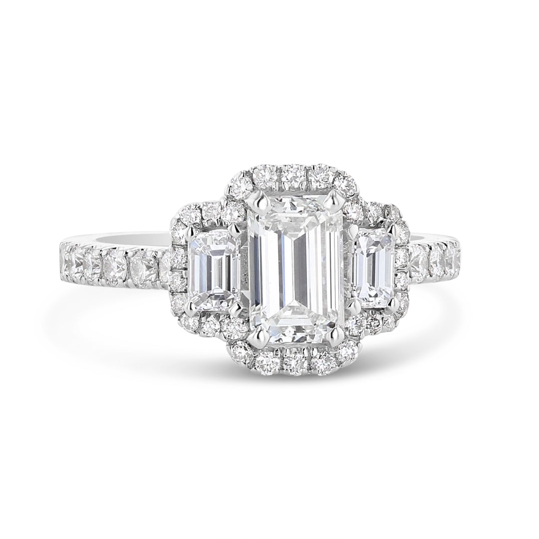 Three Stone Halo Engagement Ring with Pave Band