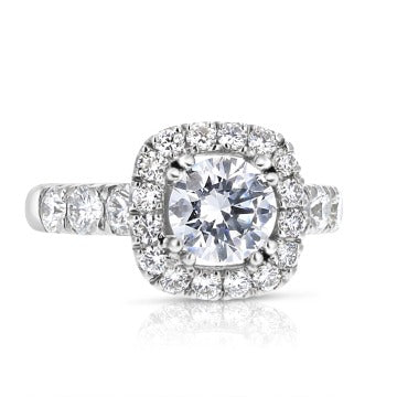 French Pave Cushion Halo Engagement Ring with Double Prongs Set Center Diamond