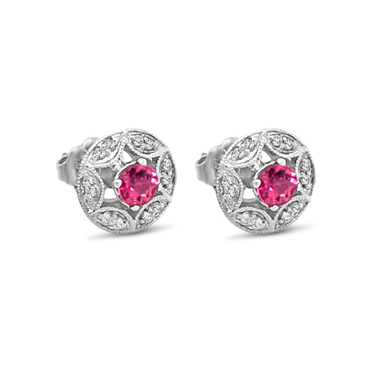 Art Deco Crescent Design Pink Tourmaline Stud Earrings