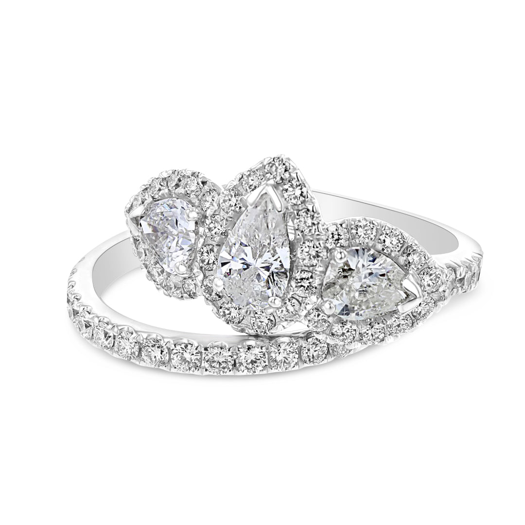 Three Stone Pear Shaped Diamond Halo Engagement Ring
