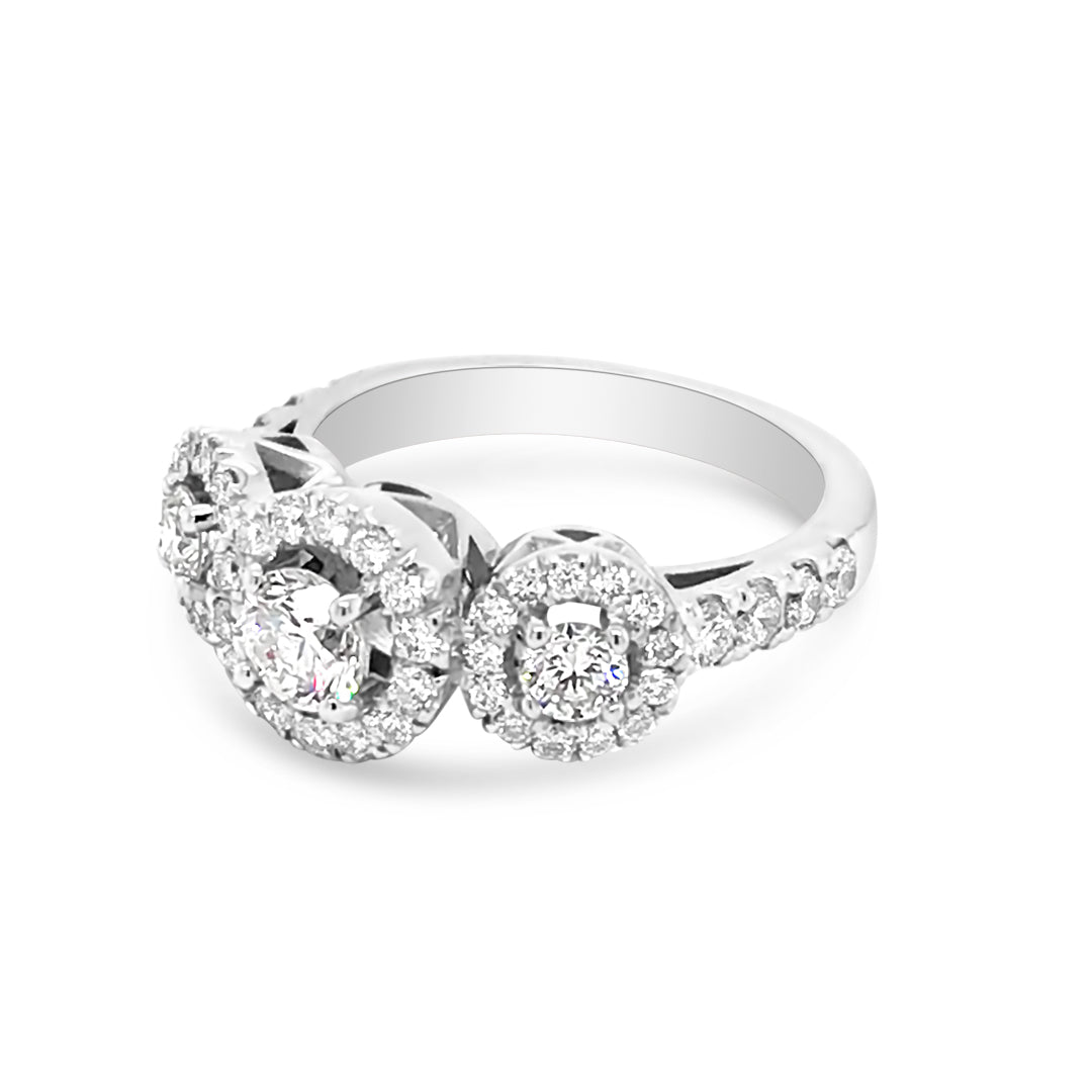 Diamond Halo Three Stone Decorative Bridge Engagement Ring