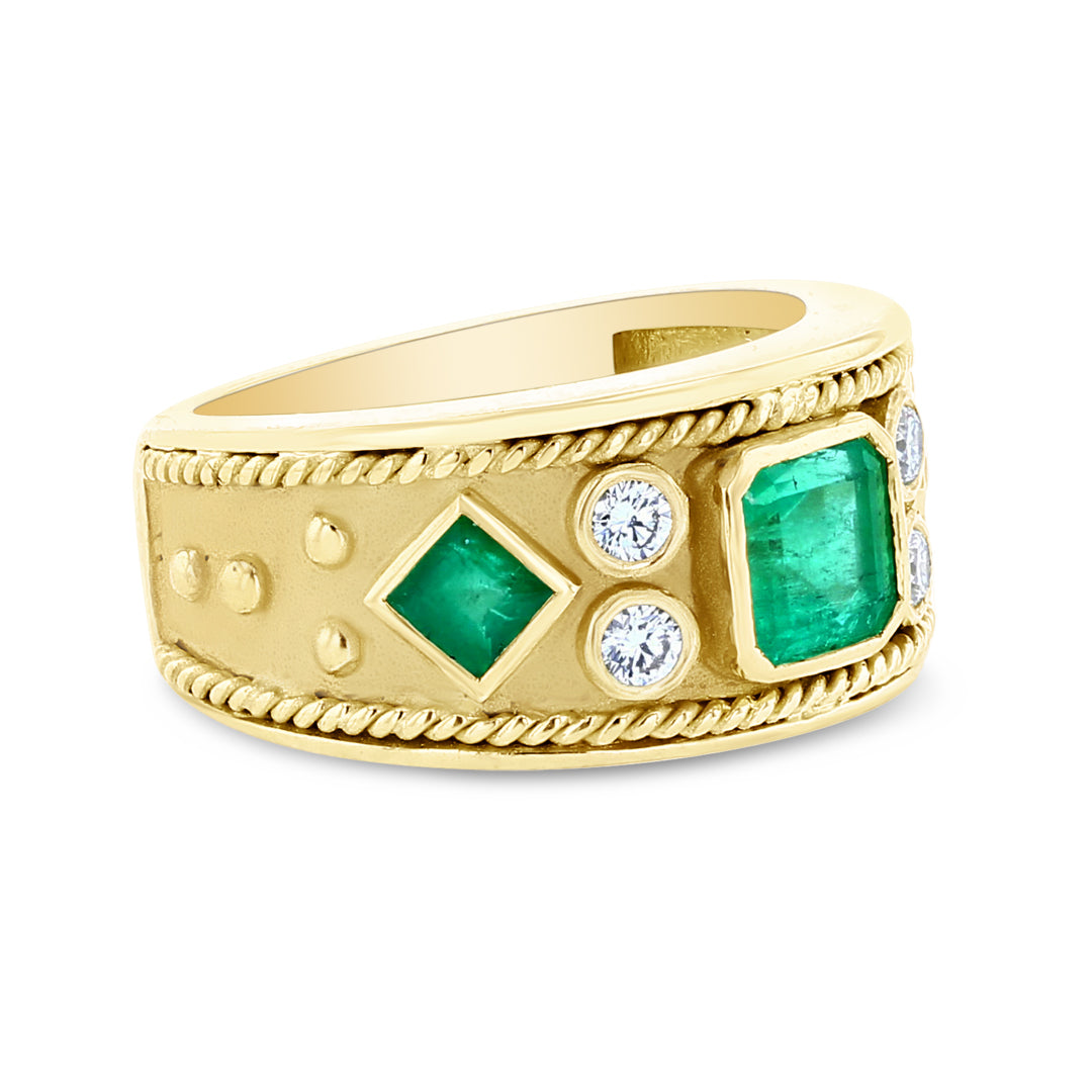 Etruscan Style Emerald and Diamond Ring