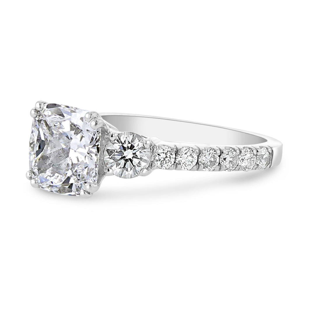 Cushion Diamond Three Stone Engagement Ring With Diamond Shank