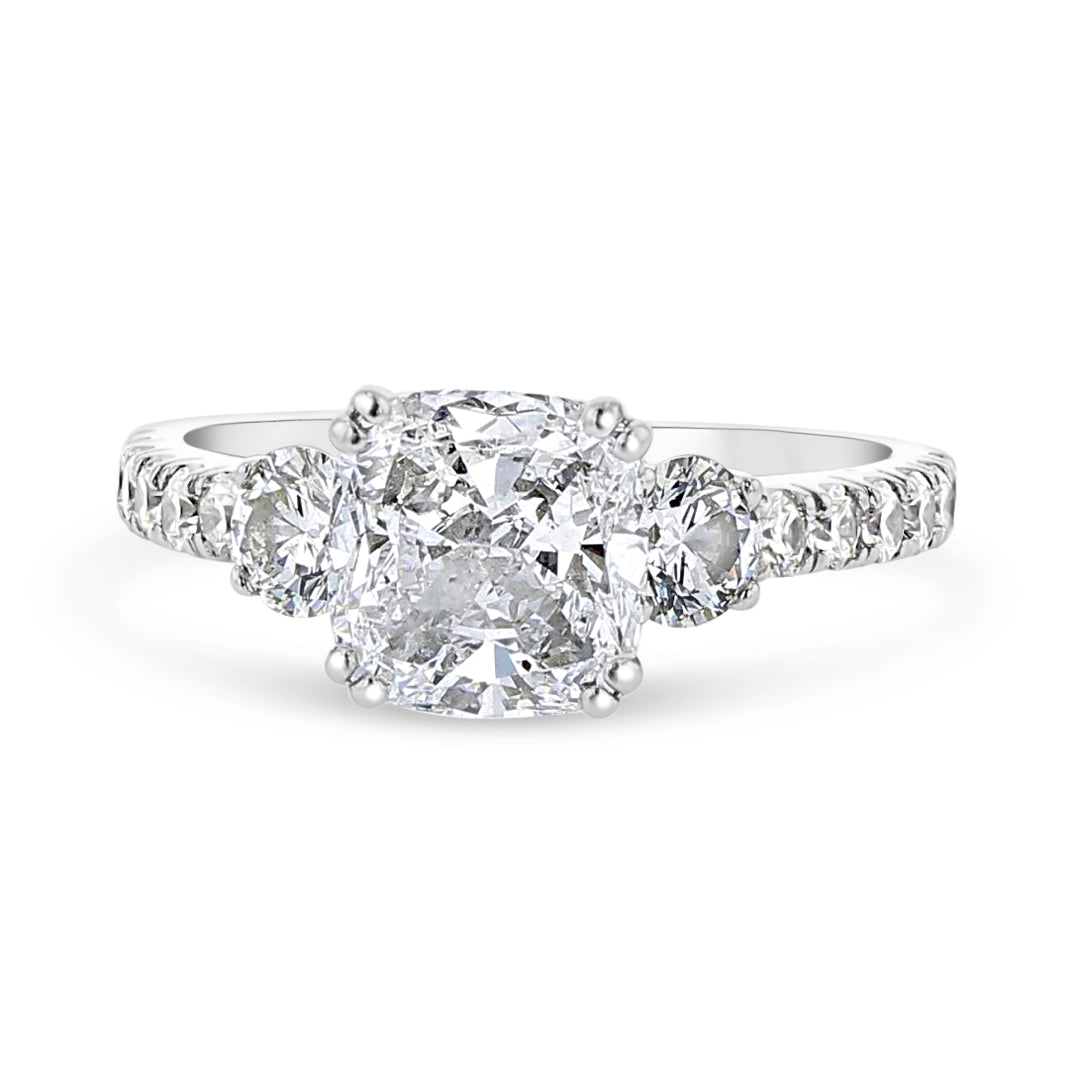 Cushion Diamond Three Stone Engagement Ring With Diamond Shank