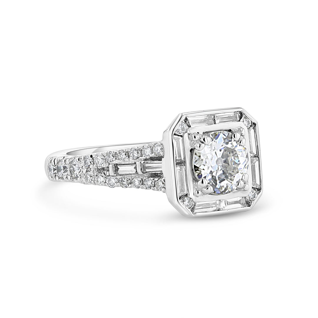 Baguette Diamond Halo Engagement Ring
