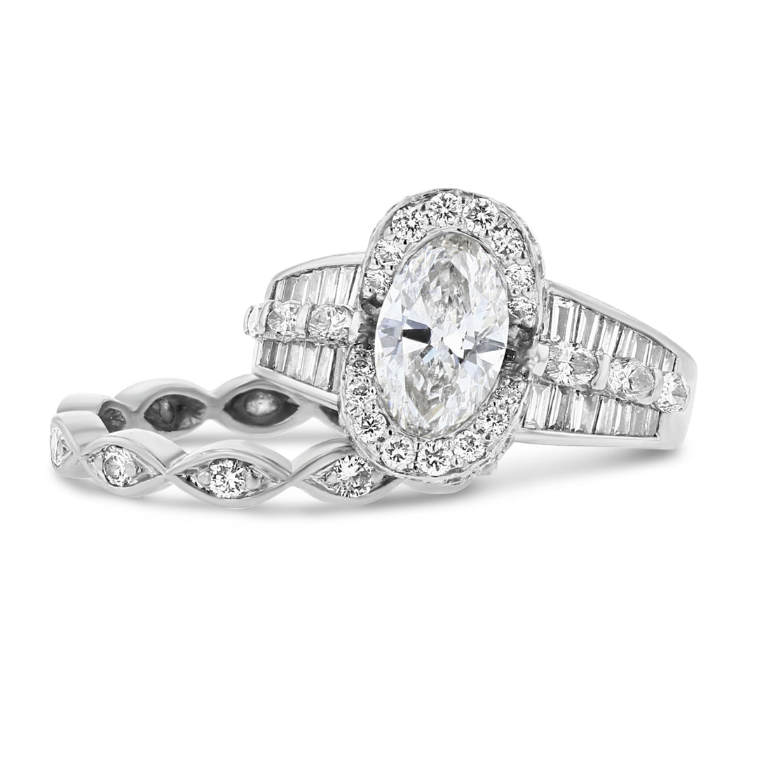 Platinum Marquise Diamond Ring With Oval Halo and Fancy Shank