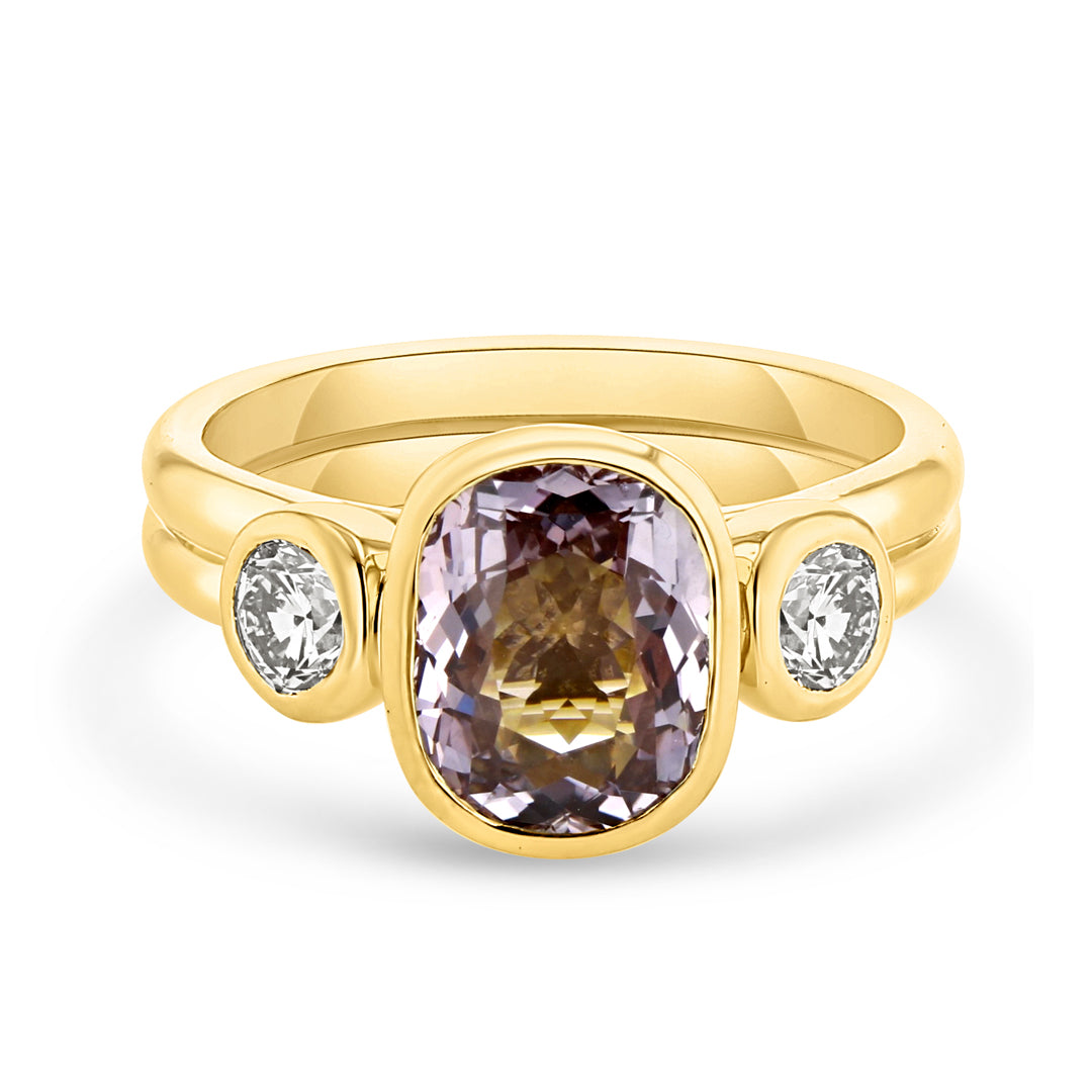 Three Stone Ring With Purple Sapphire and Diamonds