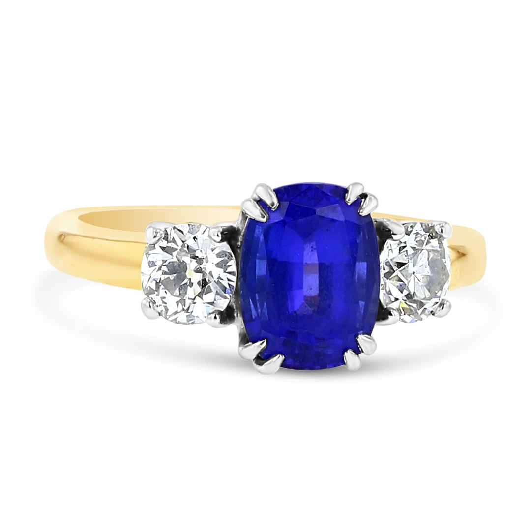 Three Stone Cushion Cut Tanzinite and Diamond Ring