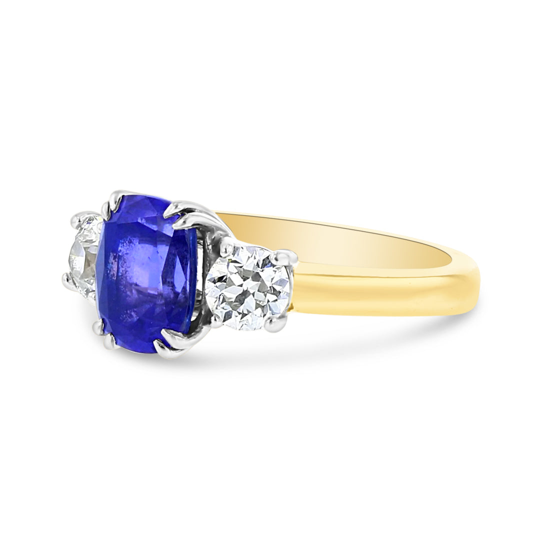 Three Stone Cushion Cut Tanzinite and Diamond Ring