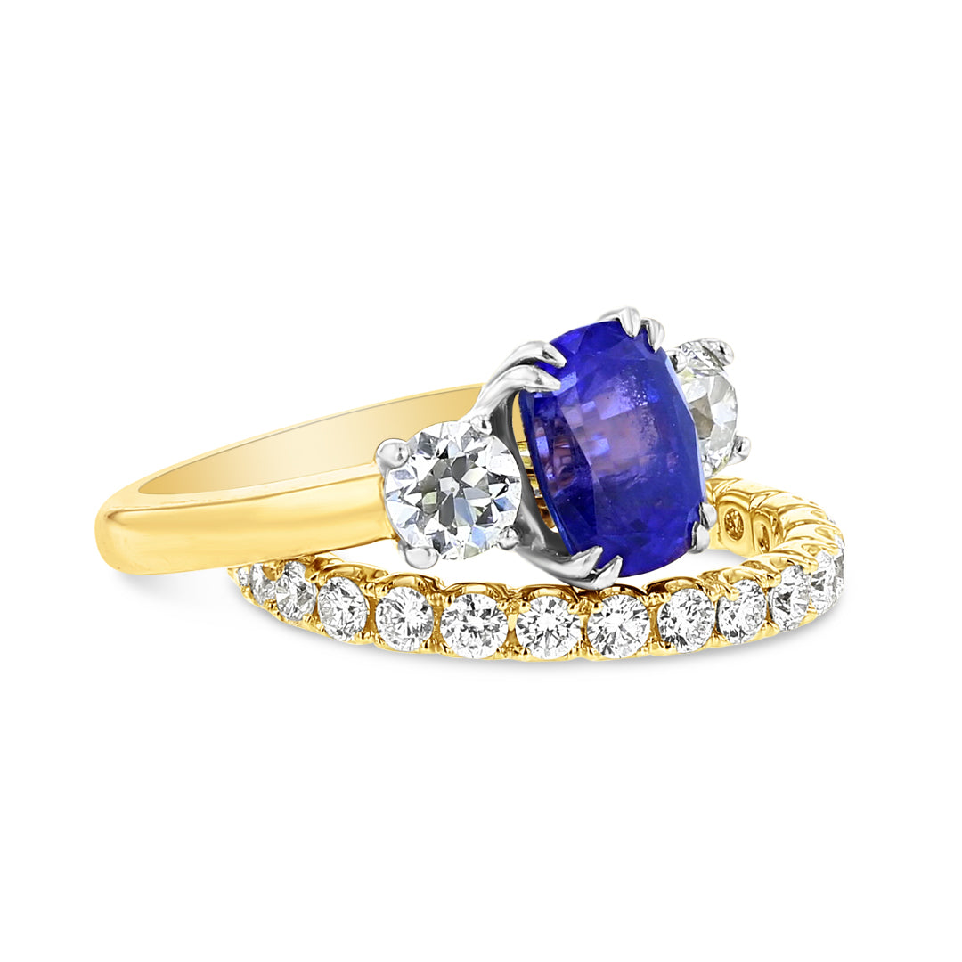 Three Stone Cushion Cut Tanzinite and Diamond Ring