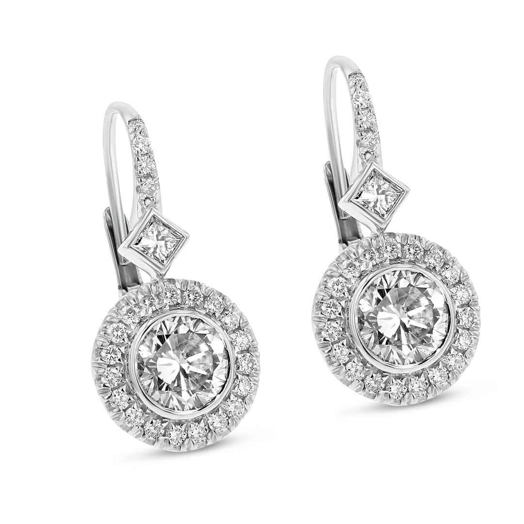 Halo Diamond Drop Earrings With Round and Princess Cut Diamonds