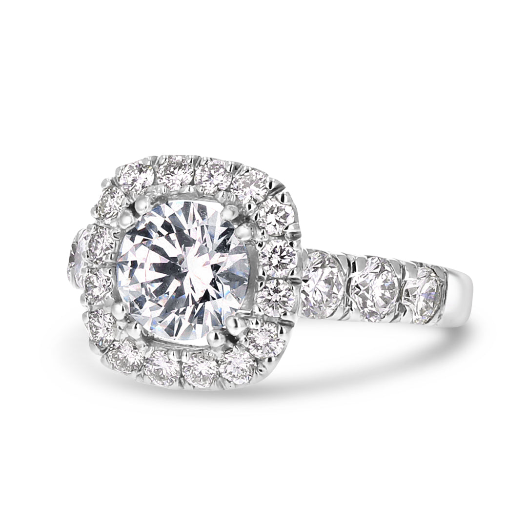 French Pave Cushion Halo Engagement Ring with Double Prongs Set Center Diamond