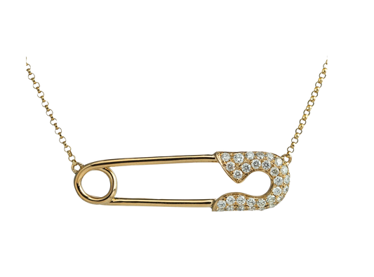 Yellow Gold Diamond Pave Safety Pin Necklace