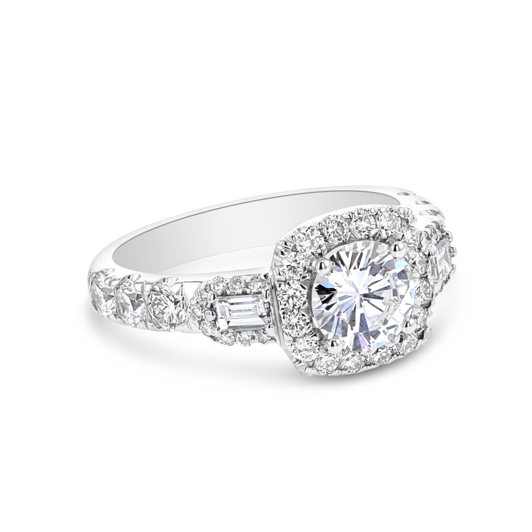 Cushion Framed Halo Three stone Ring with Pave Set Diamonds Down the Shank