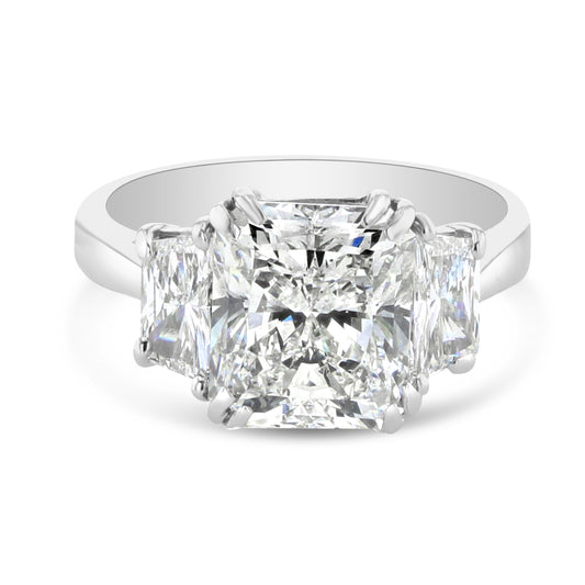Radiant Cut Three Stone Engagement Ring With Trapezoids Side Stones