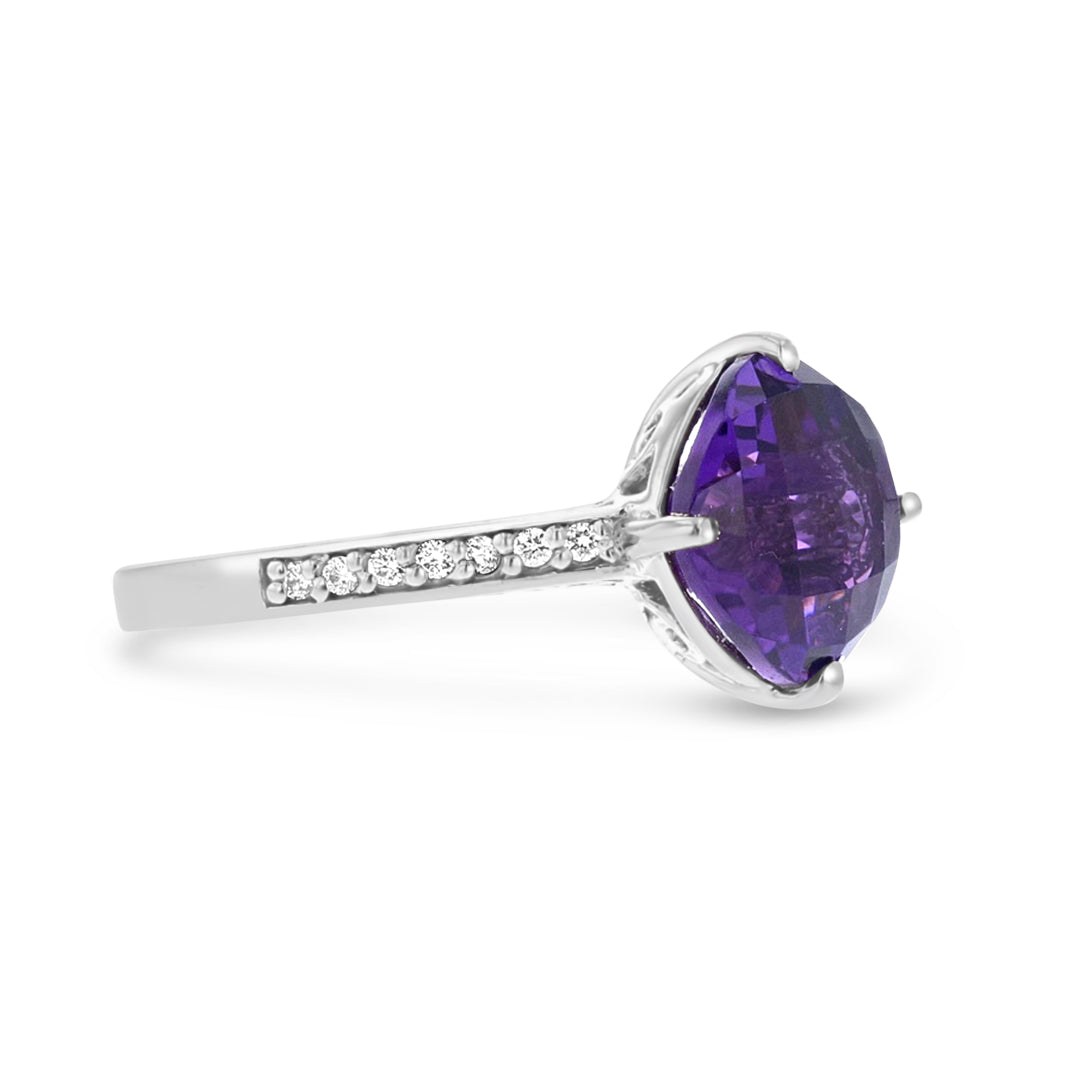 White Gold Amethyst and Diamond Ring with Filigree Details