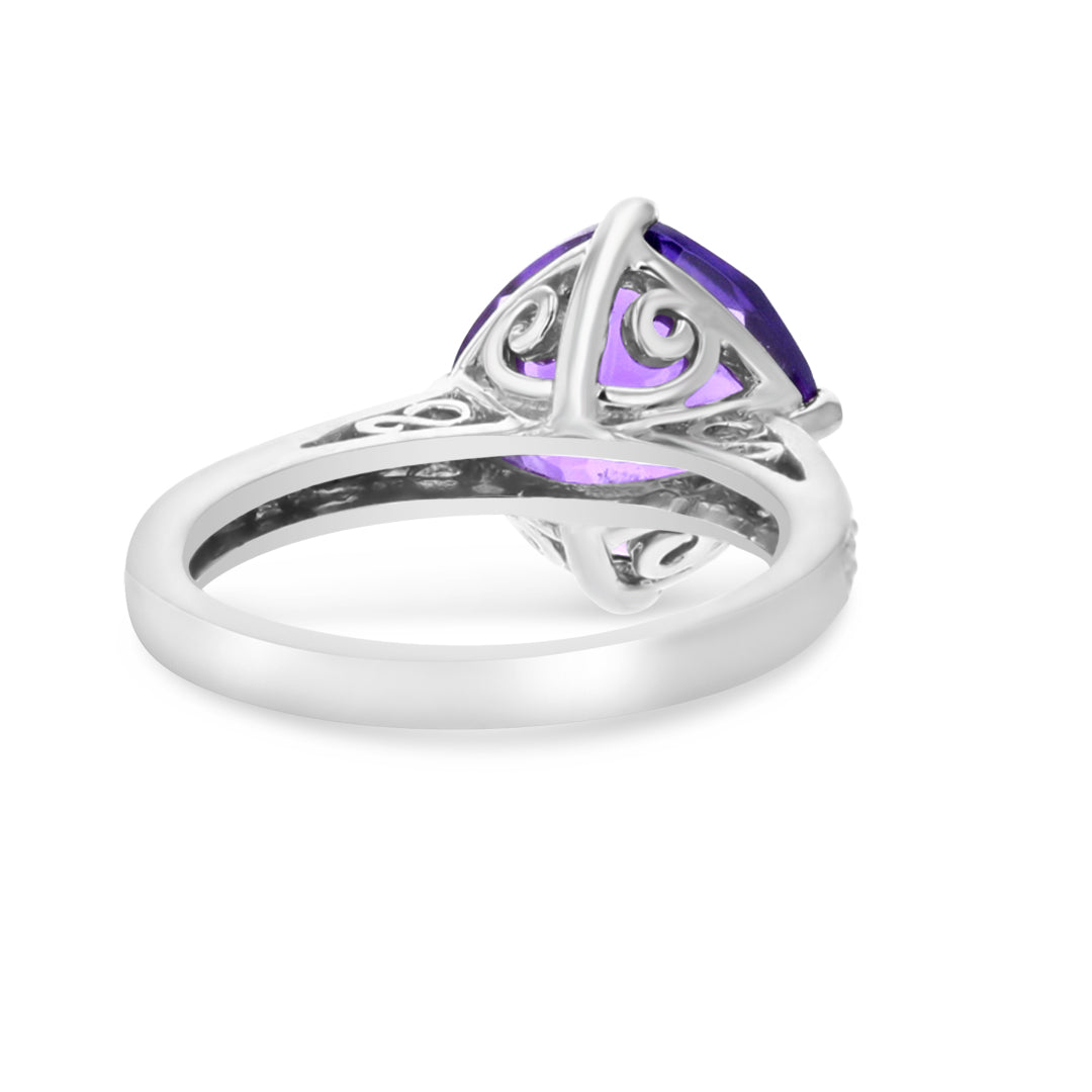 White Gold Amethyst and Diamond Ring with Filigree Details