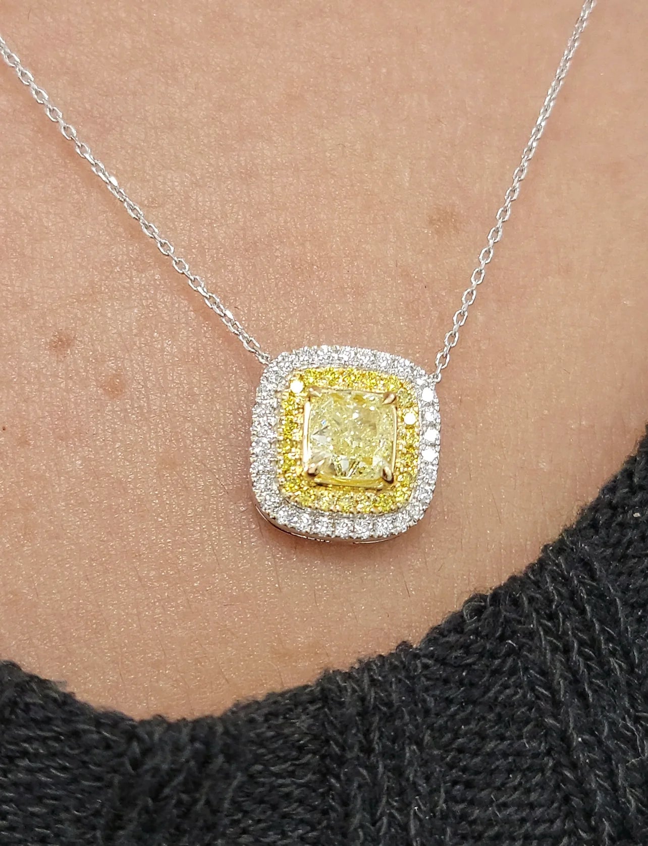 Yellow Diamond Cushion Double Halo Pendant