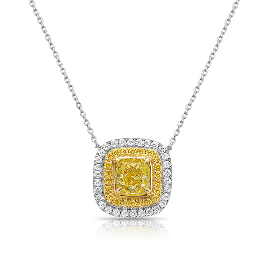 Yellow Diamond Cushion Double Halo Pendant