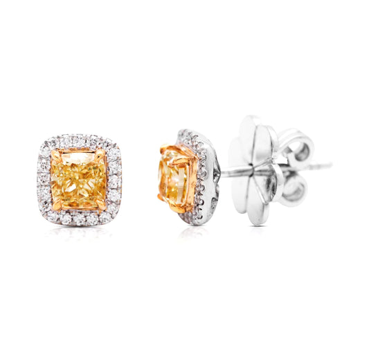 Yellow Cushion Cut Single Halo Earrings