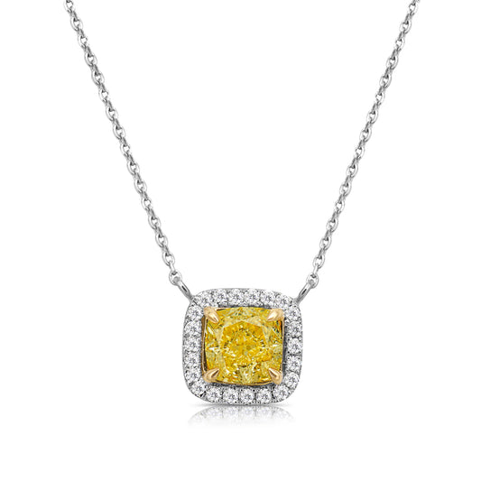 Yellow Diamond Cushion Halo Pendant