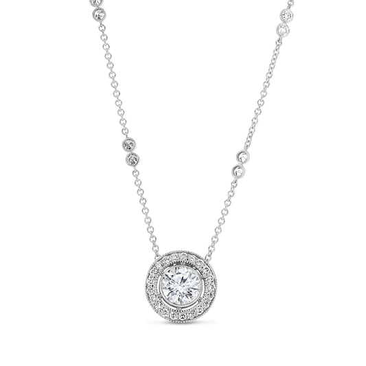 Round Diamond Bezel Set Halo Necklace On Diamond Chain