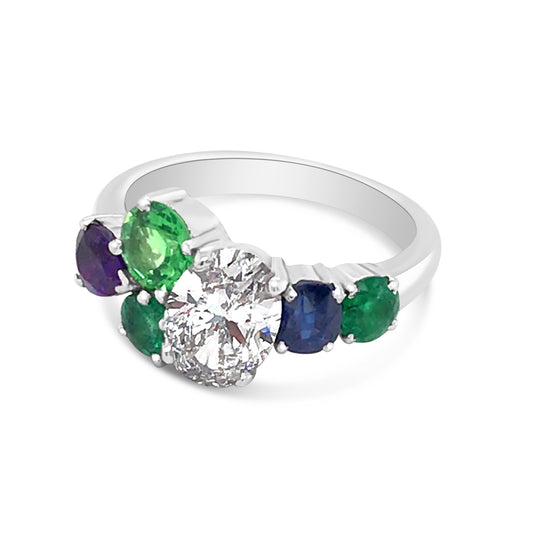 Oval Diamond, Sapphire, Emeralds & Tsavorite Ring