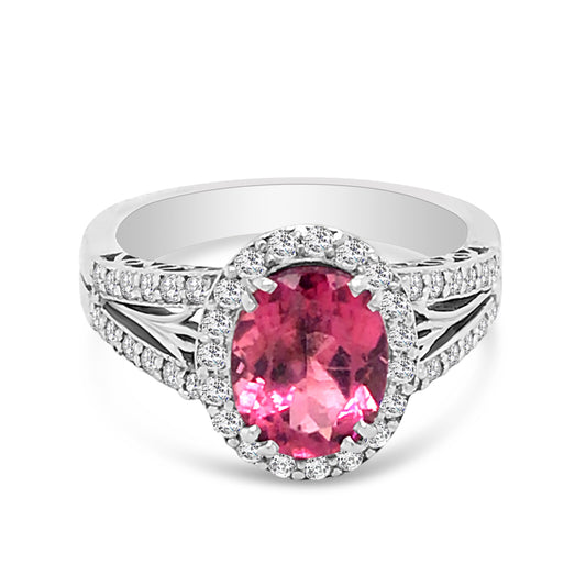 Art Deco Style Halo Ring With Oval Tourmaline and Diamonds