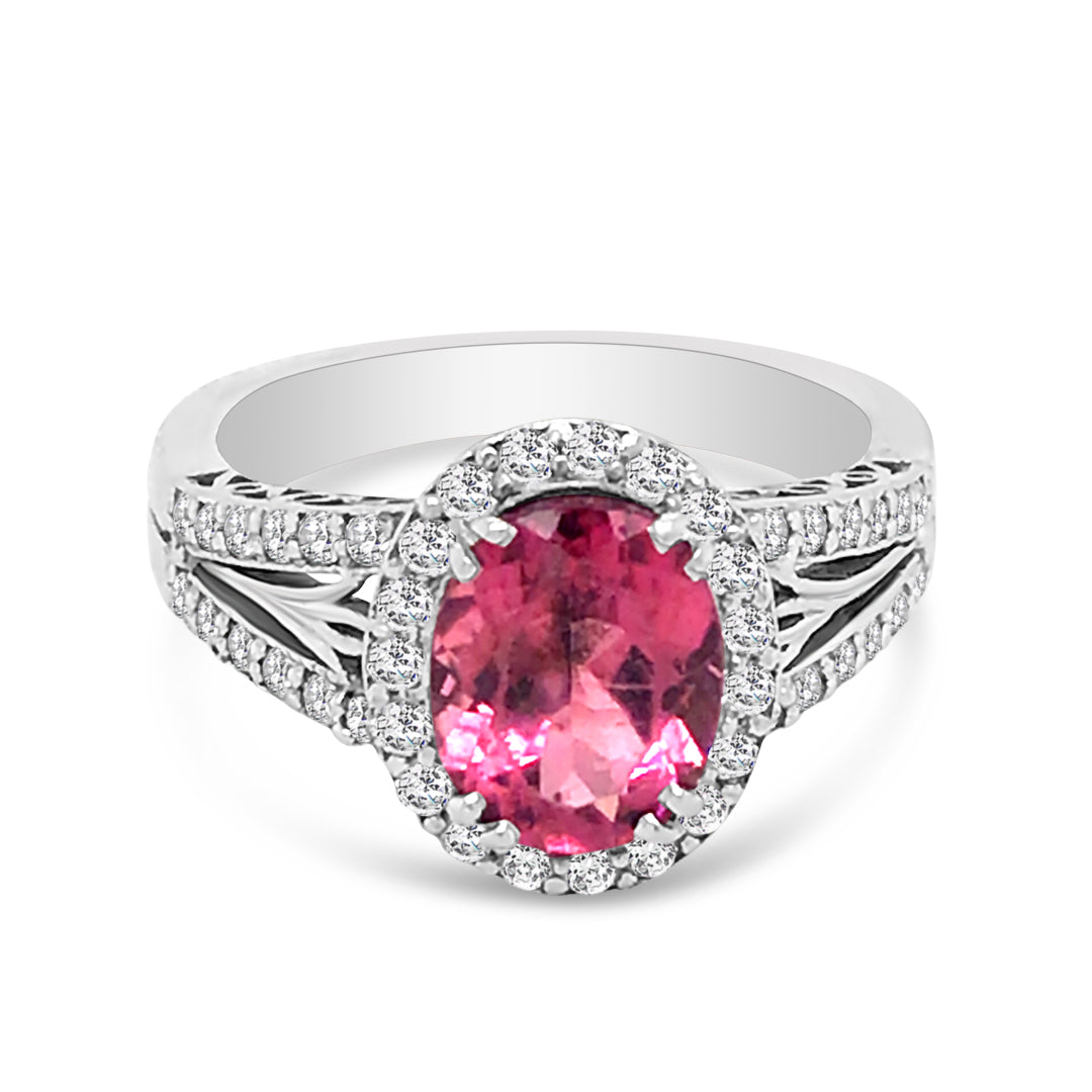 Art Deco Style Halo Ring With Oval Tourmaline and Diamonds