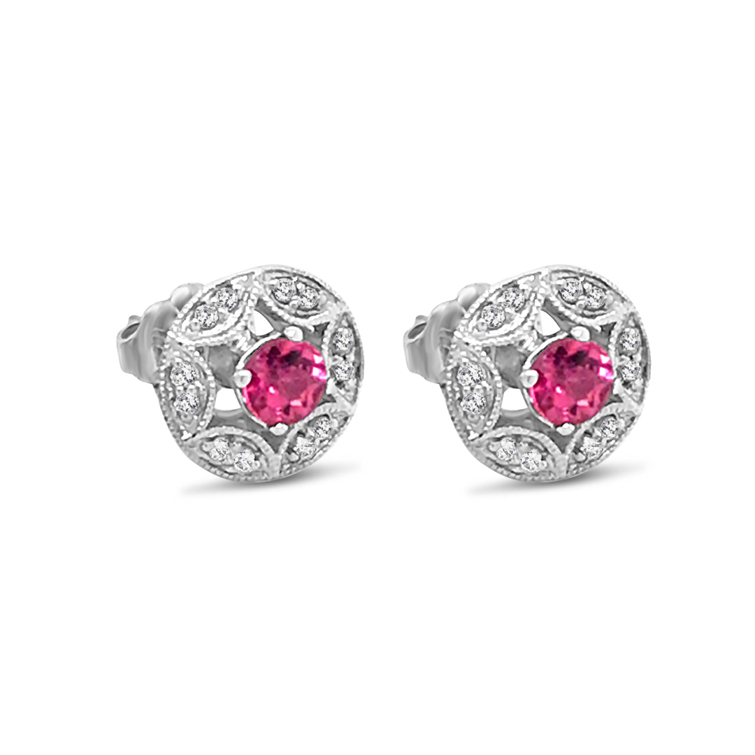 Art Deco Crescent Design Pink Tourmaline Stud Earrings