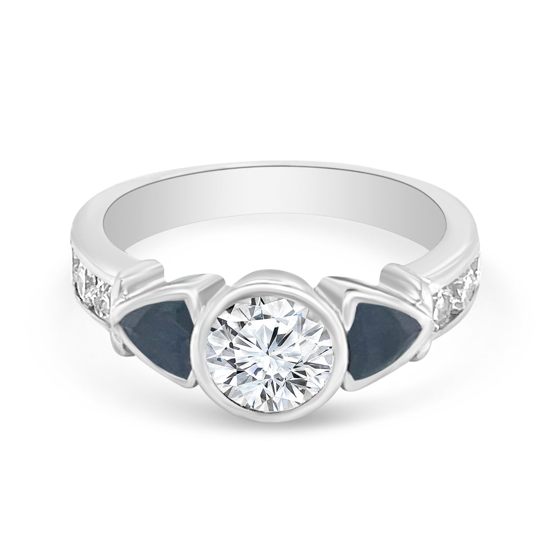 Three Stone Trillion Shaped Blue Sapphire and Diamond Engagement Ring
