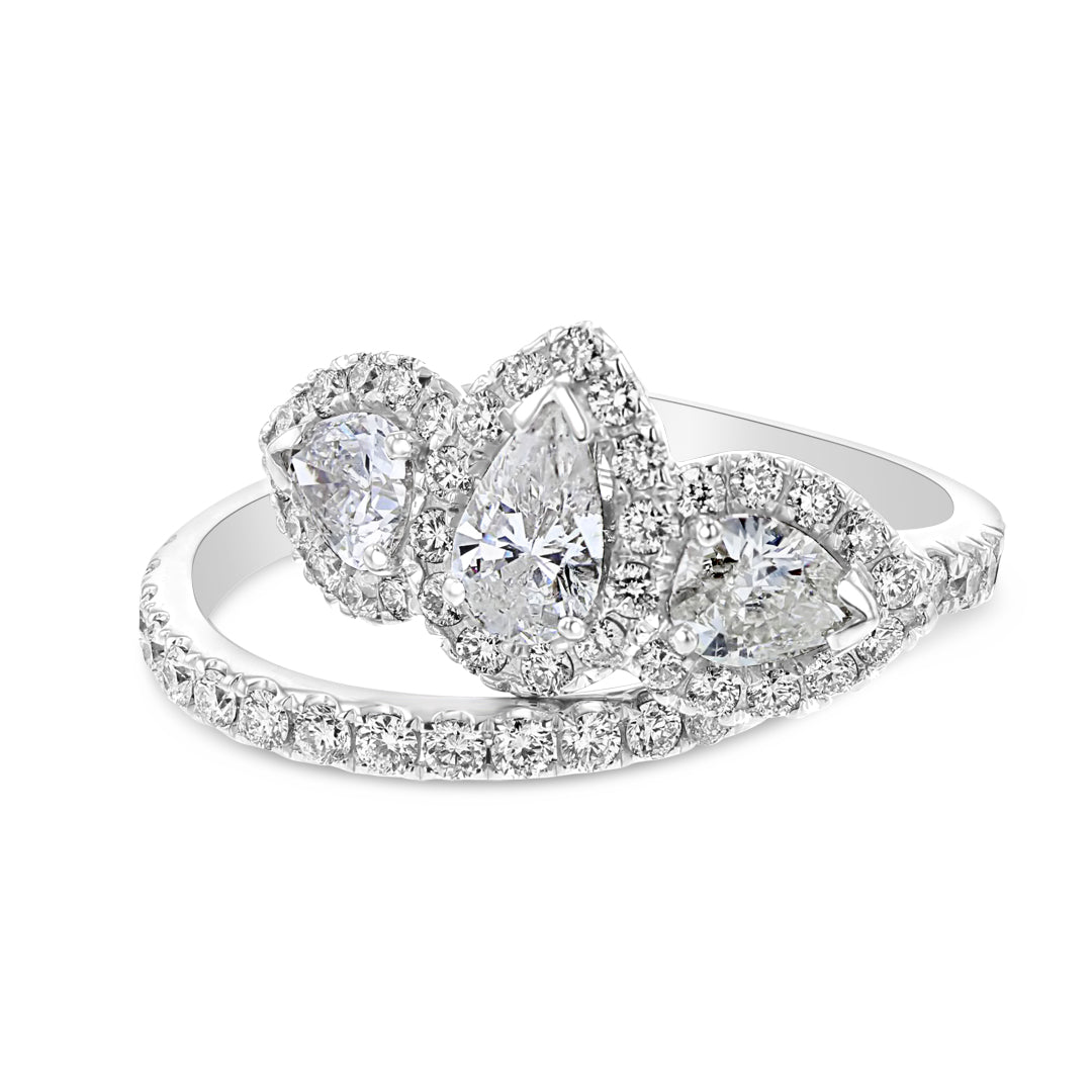 Three Stone Pear Shaped  Diamond Halo Engagement Ring