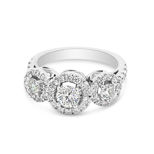 Diamond Halo Three Stone Decorative Bridge Engagement Ring