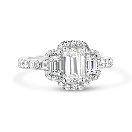Three-Stone Emerald Cut Diamond Halo Engagement Ring
