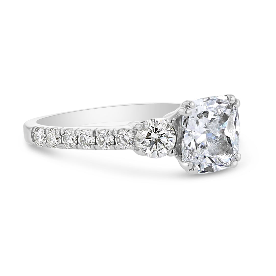 Cushion Diamond Three Stone Engagement Ring With Diamond Shank