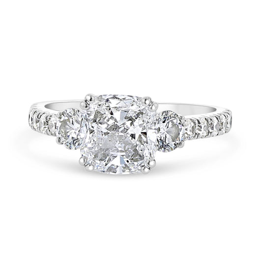 Cushion Diamond Three Stone Engagement Ring With Diamond Shank