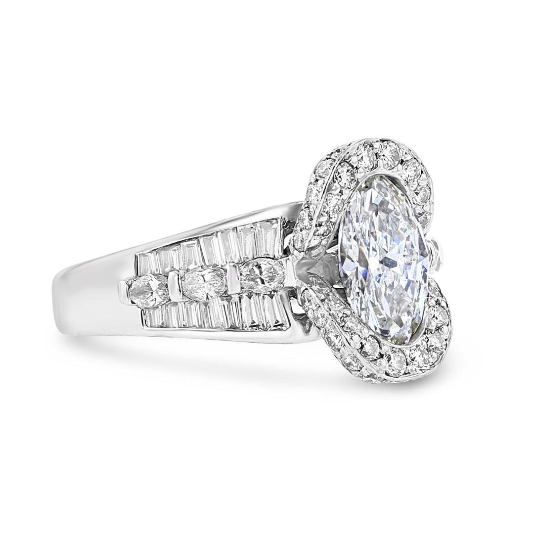 Platinum Marquise Diamond Ring With Oval Halo and Fancy Shank