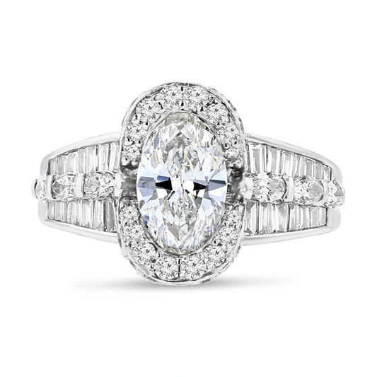 Platinum Marquise Diamond Ring With Oval Halo and Fancy Shank