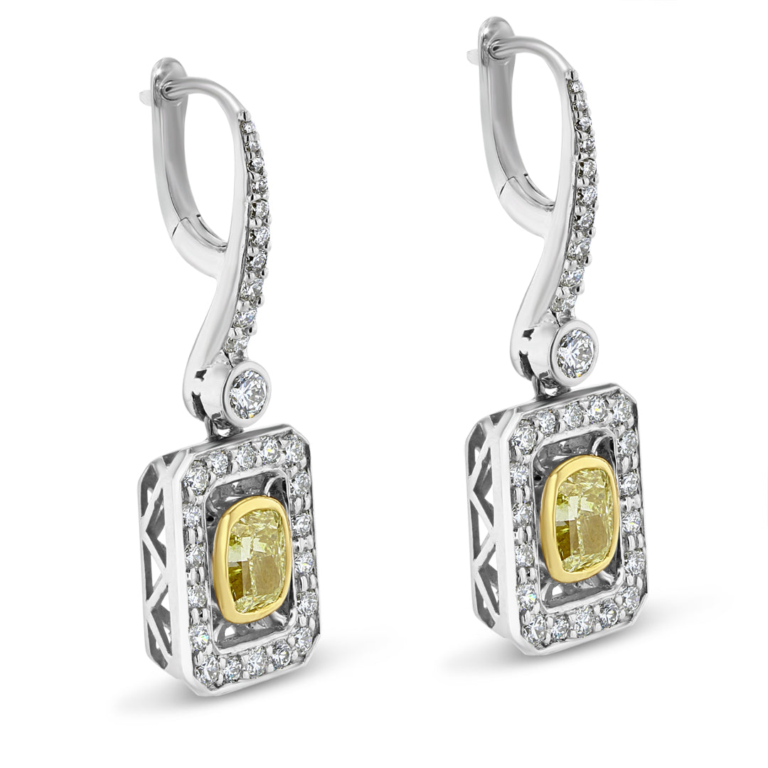 Fancy Yellow Cushion Shape Diamond Drop Earrings