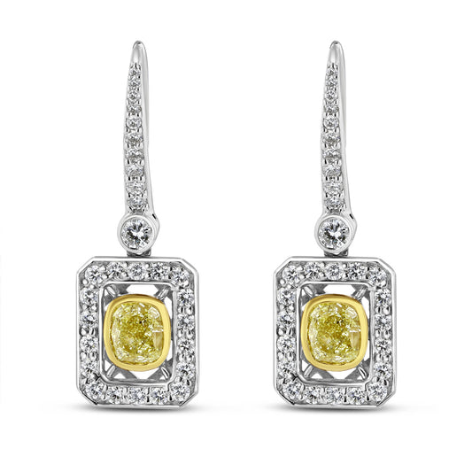 Fancy Yellow Cushion Shape Diamond Drop Earrings