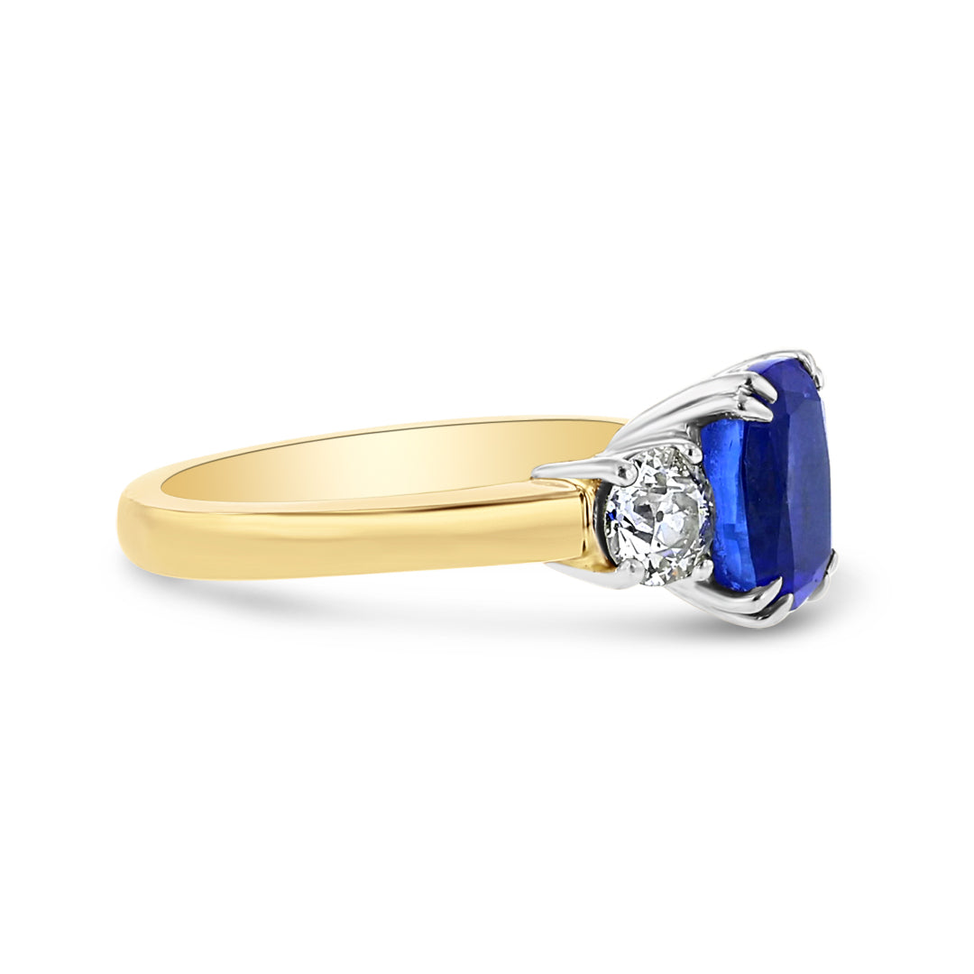 Three Stone Cushion Cut Tanzinite and Diamond Ring