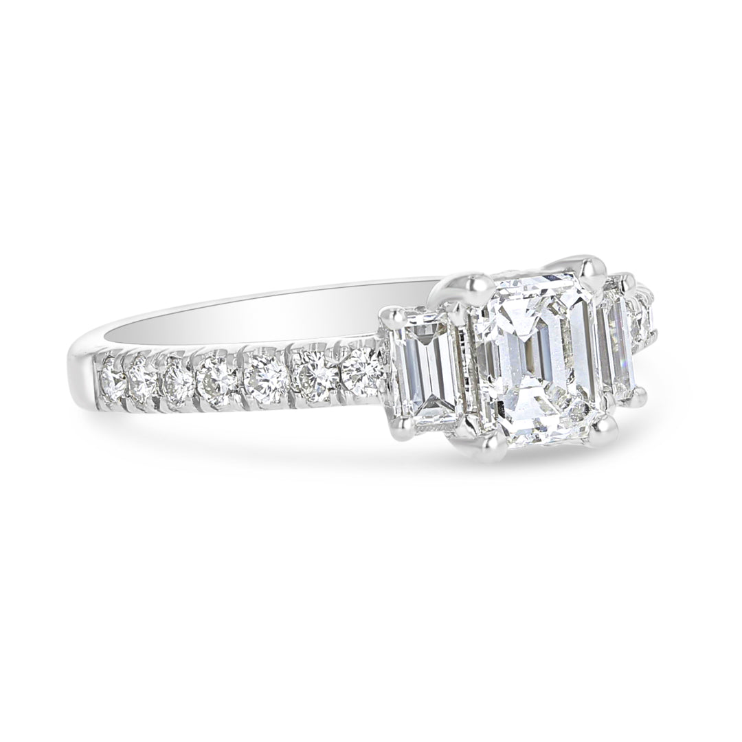 Platinum 3 Stone Emerald Cut Diamond Engagement Ring with Pave Shank