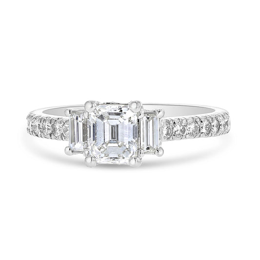 Platinum 3 Stone Emerald Cut Diamond Engagement Ring with Pave Shank